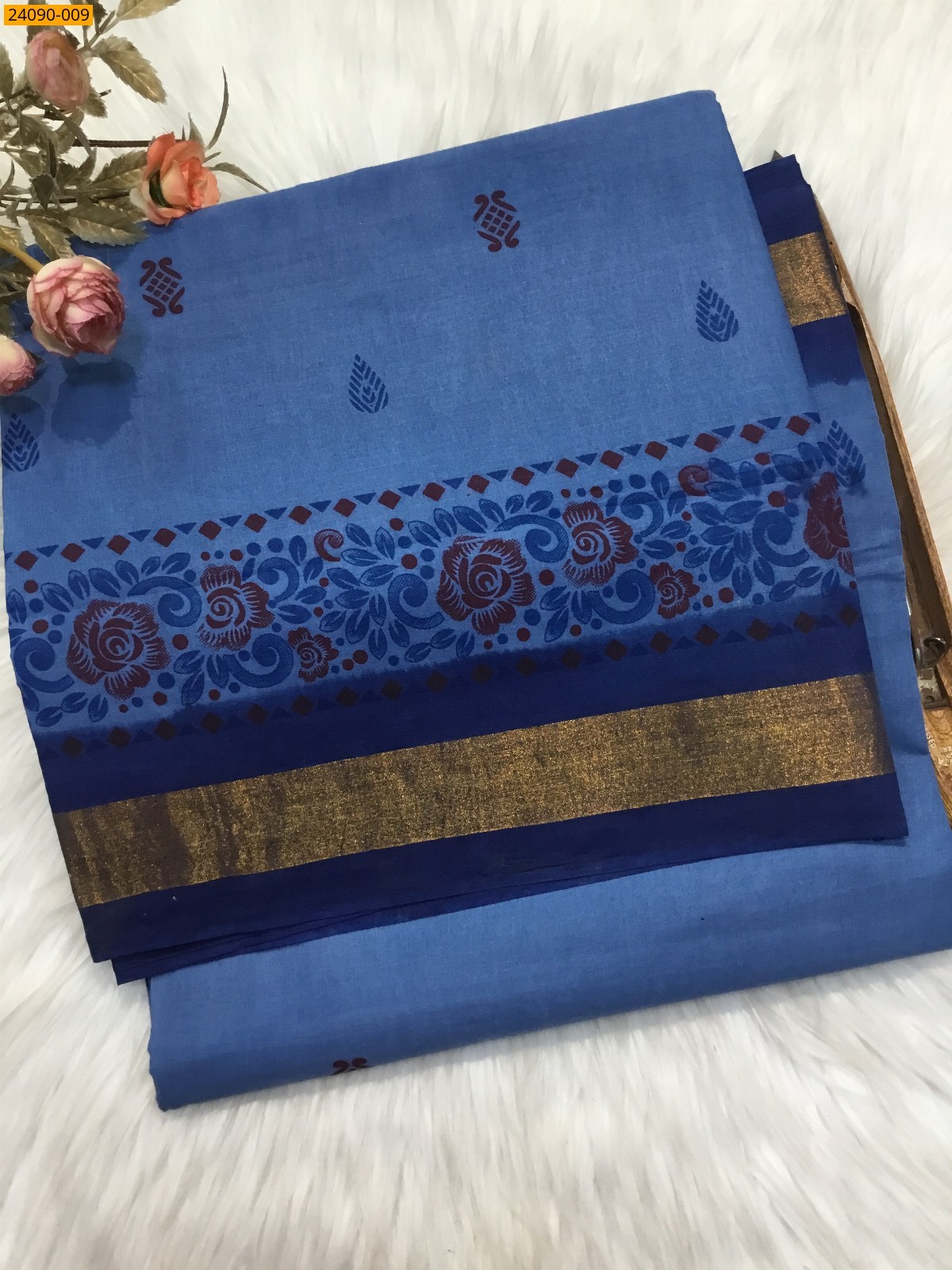 Light Blue Cotton printed saree