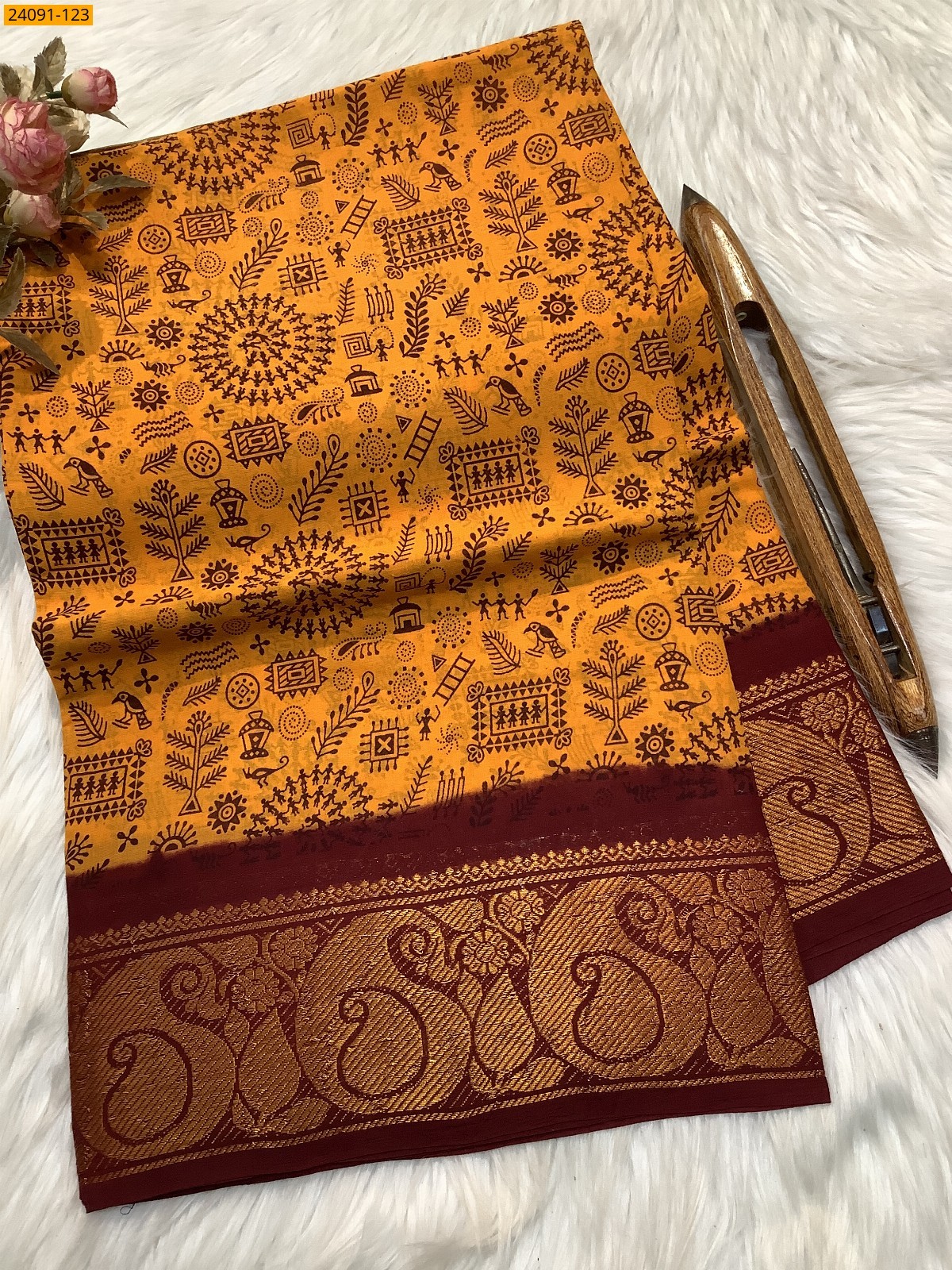 Yellow Sungudi cotton printed sarees