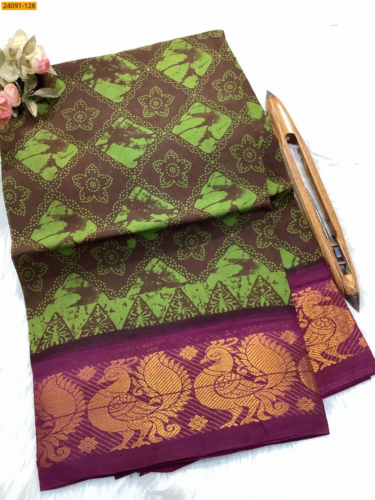 Green Sungudi cotton printed sarees