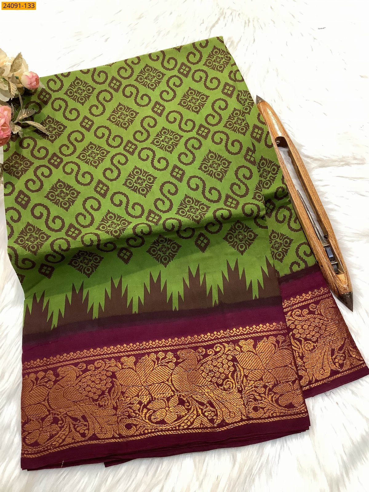 Green Sungudi cotton printed sarees
