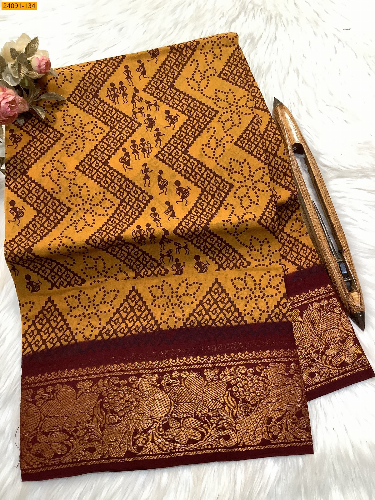 Yellow Sungudi cotton printed sarees