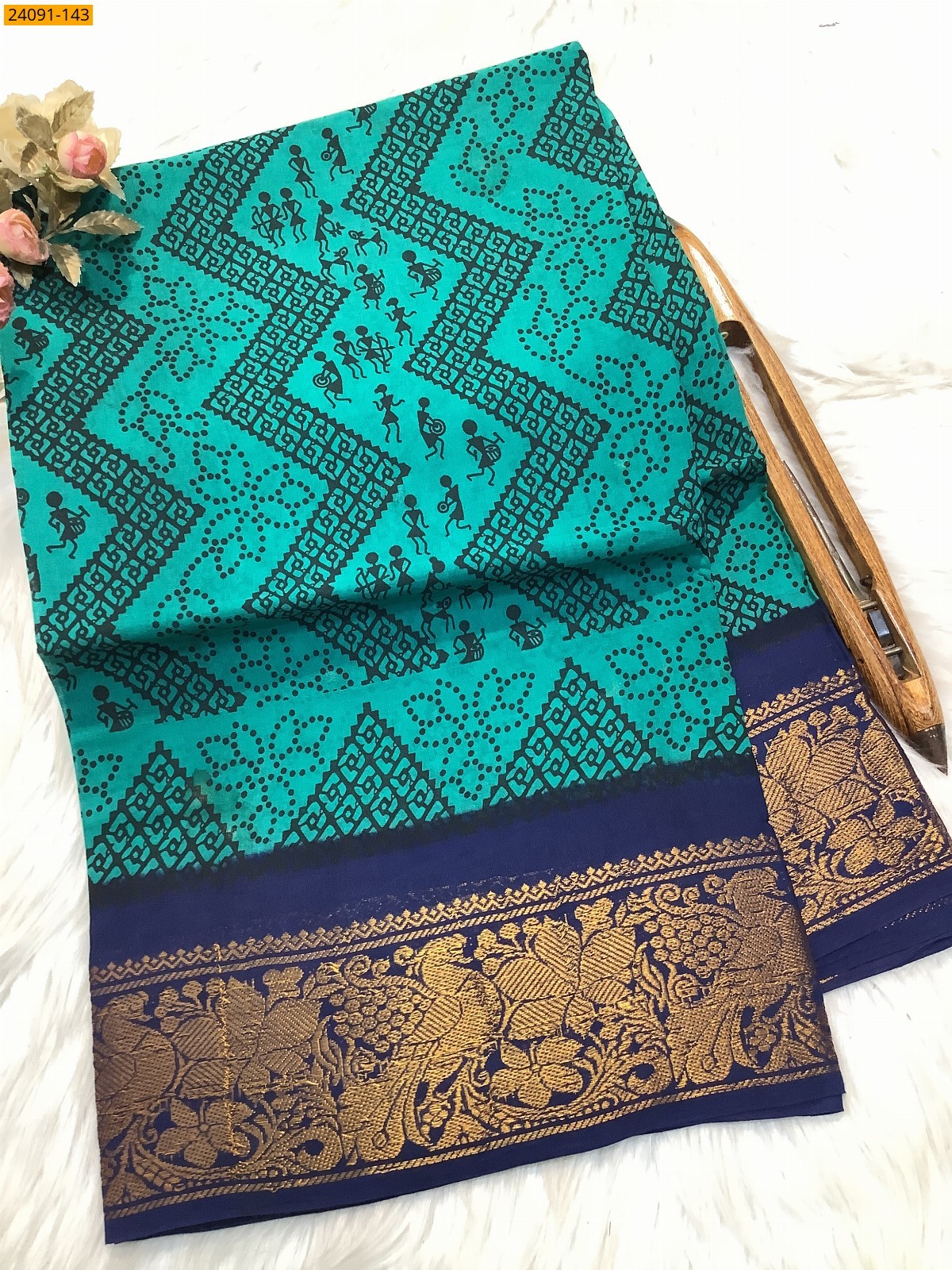 Rama Green Sungudi cotton printed sarees