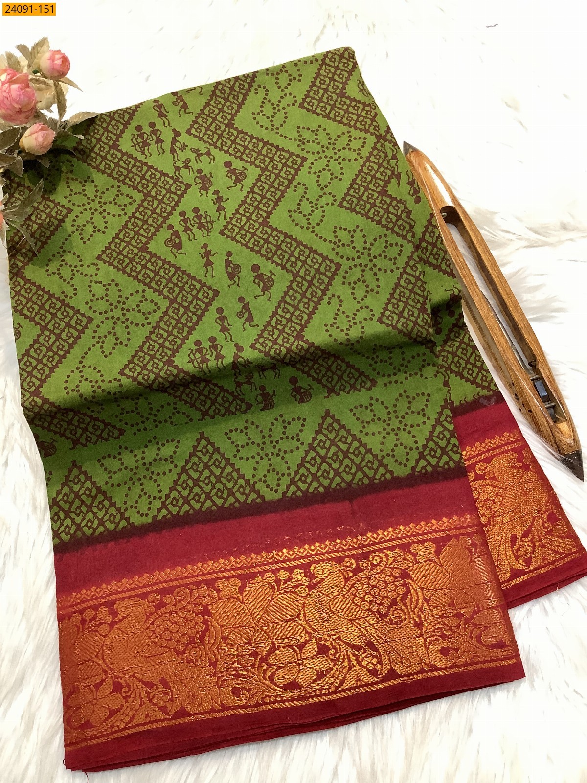 Green Sungudi cotton printed sarees