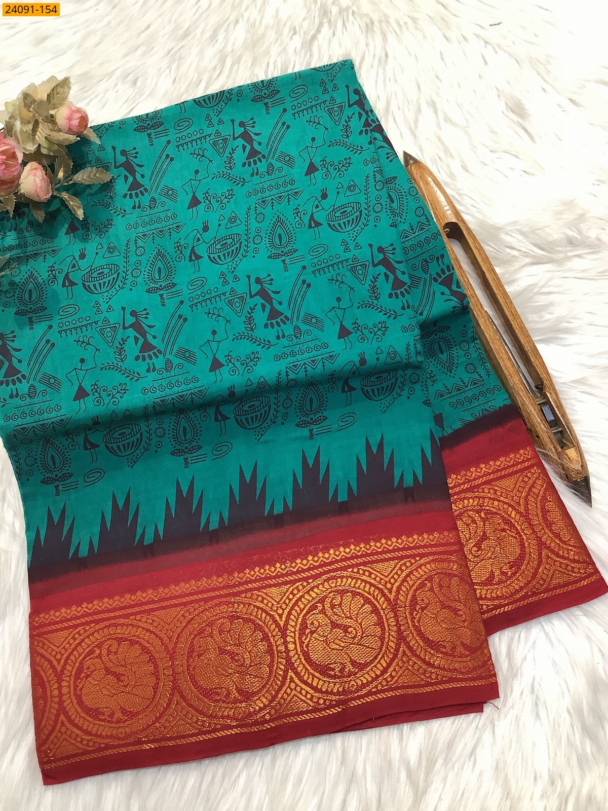 Rama Green Sungudi cotton printed sarees