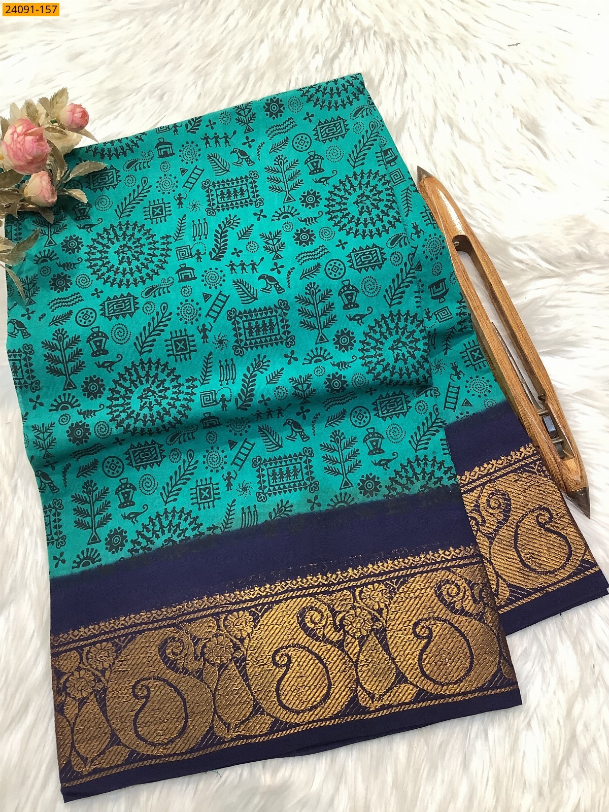 Rama Green Sungudi cotton printed sarees