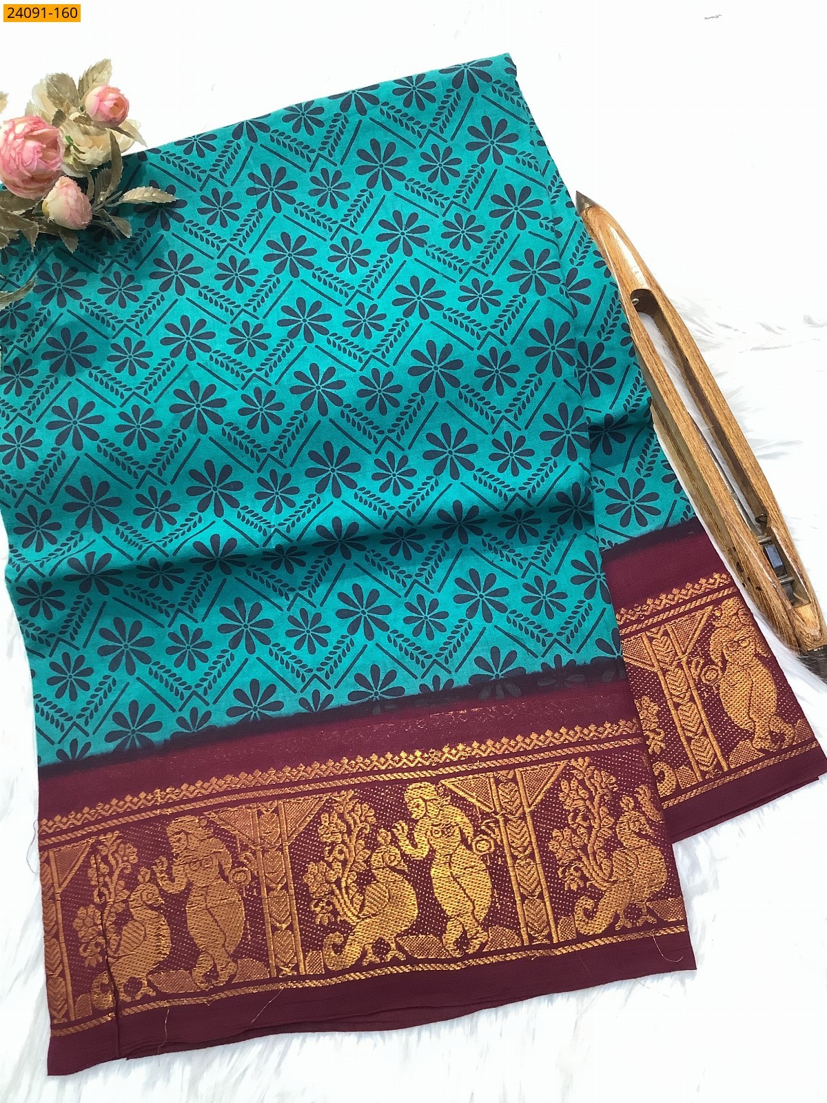 Rama Green Sungudi cotton printed sarees