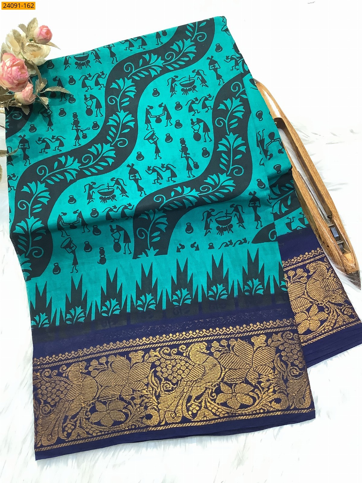 Rama Green Sungudi cotton printed sarees
