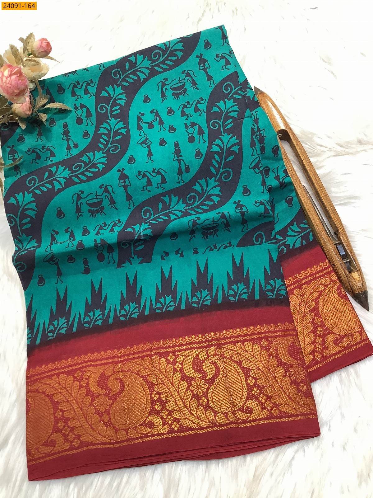 Rama Green Sungudi cotton printed sarees