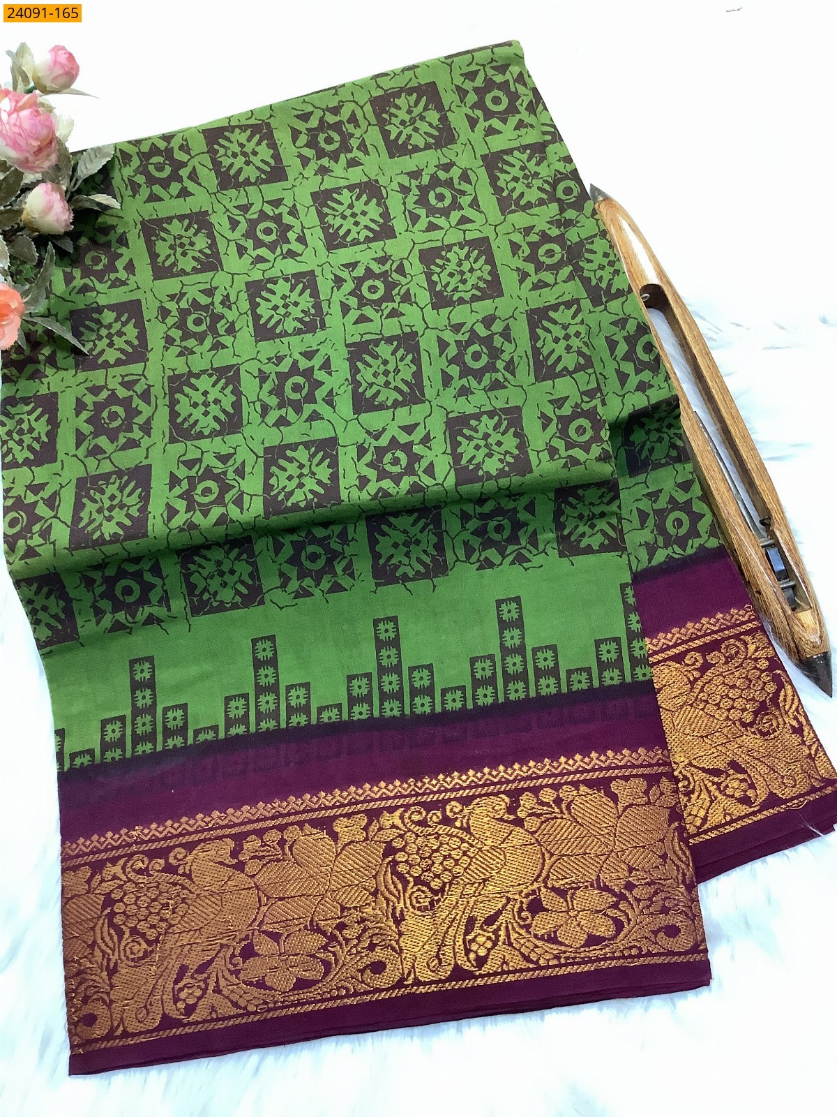 Green Sungudi cotton printed sarees