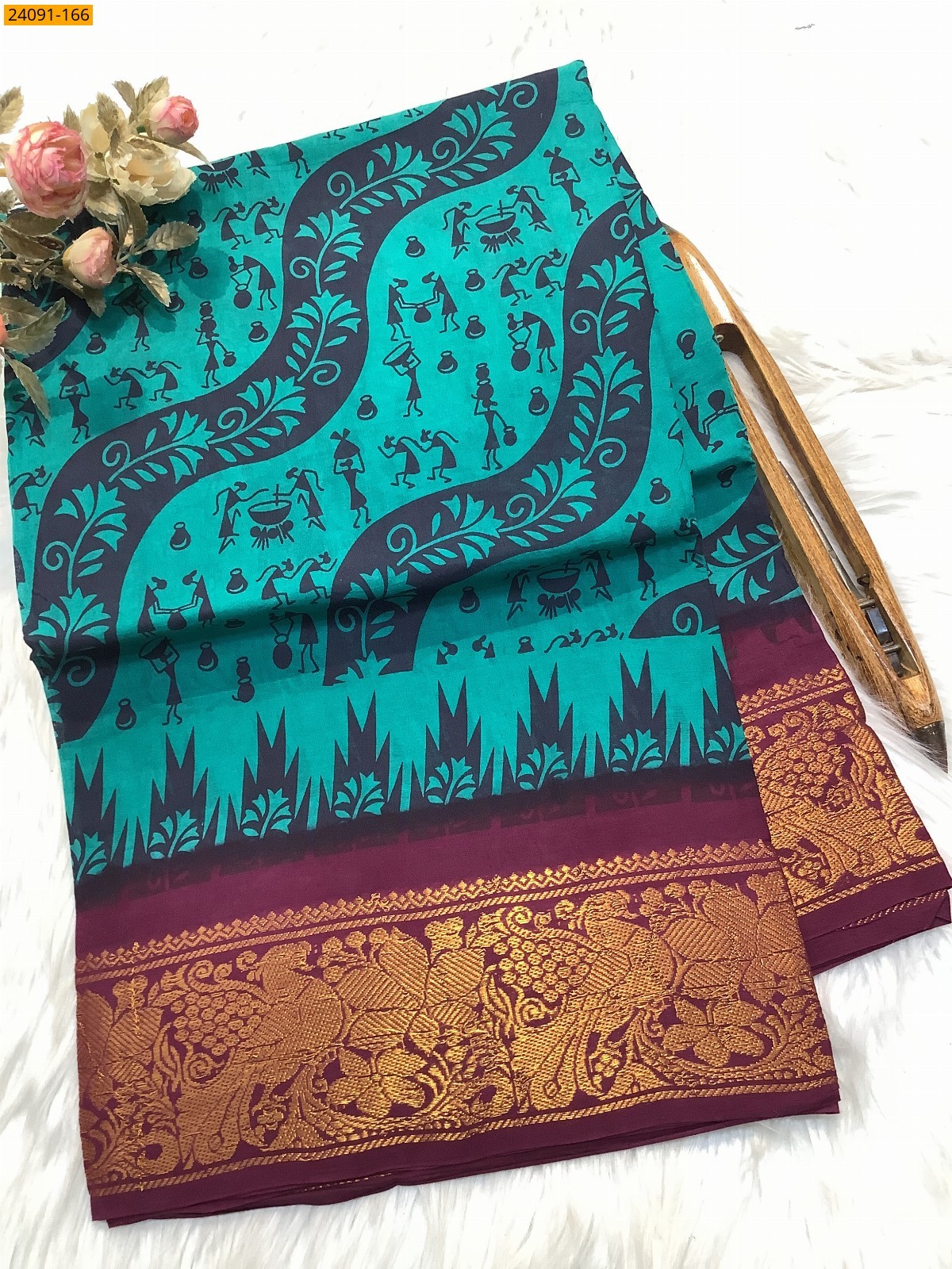 Rama Green Sungudi cotton printed sarees