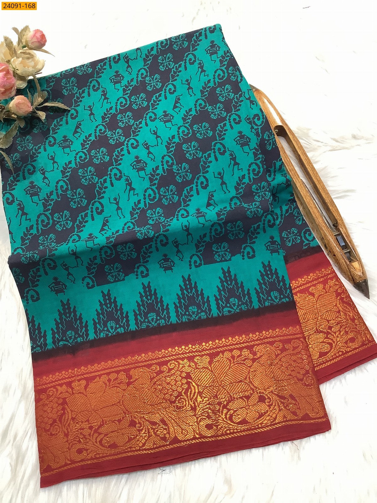 Rama Green Sungudi cotton printed sarees