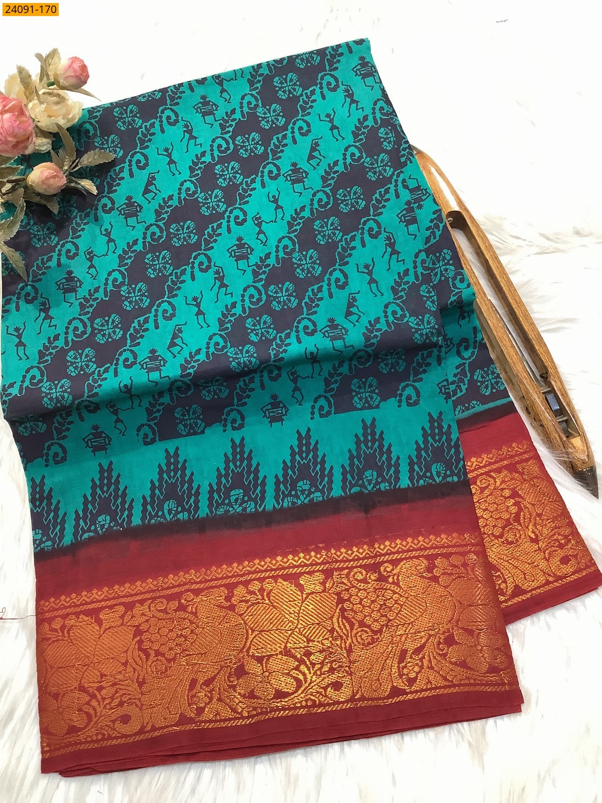 Rama Green Sungudi cotton printed sarees