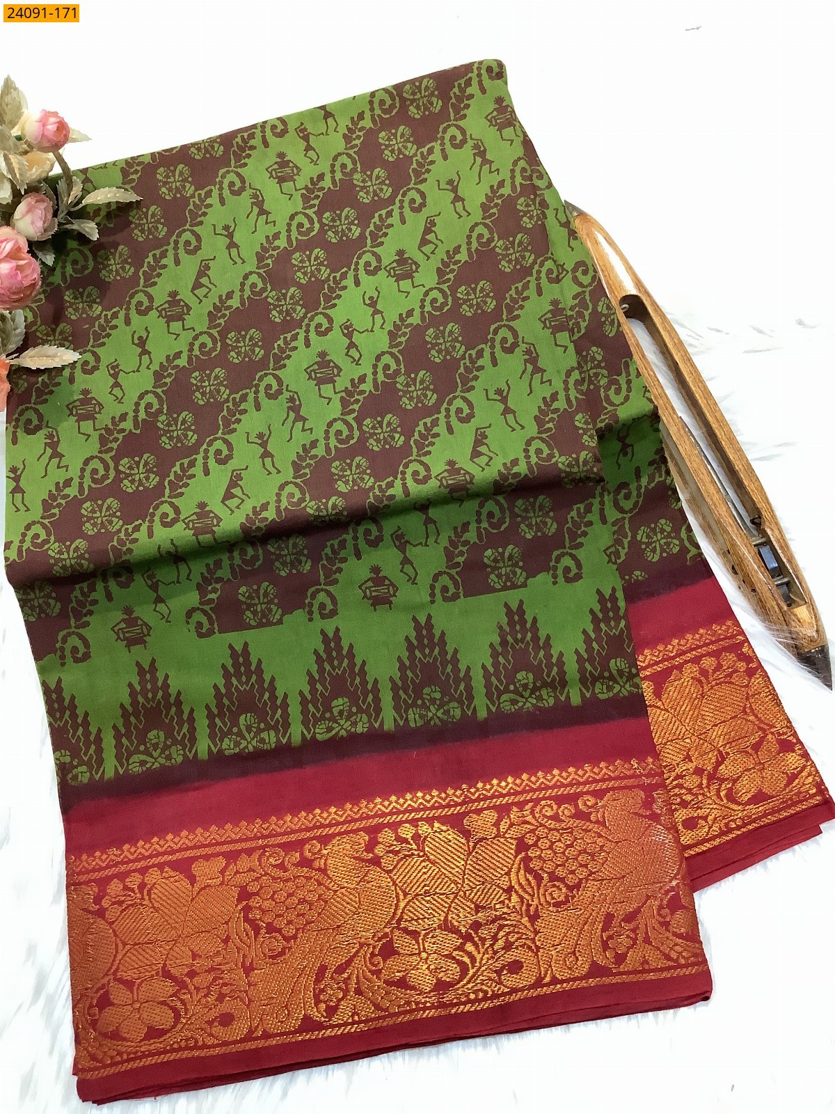 Rama Green Sungudi cotton printed sarees