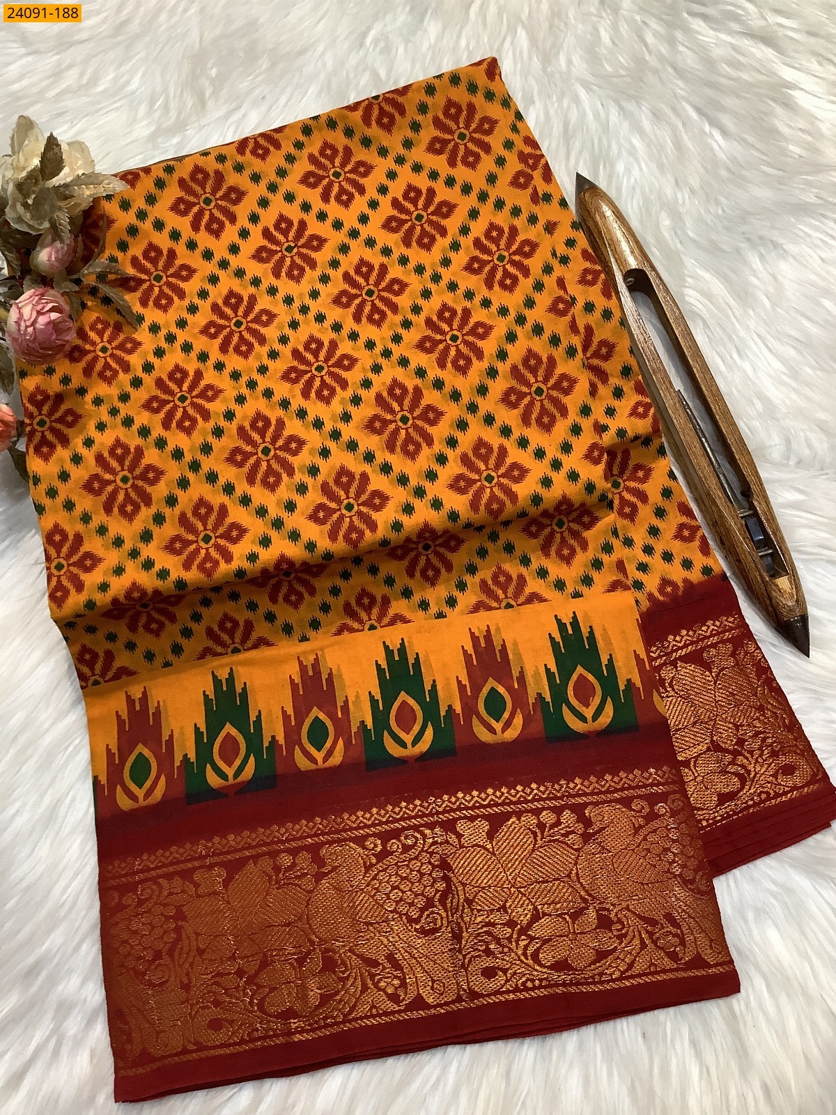 Yellow Sungudi cotton printed sarees