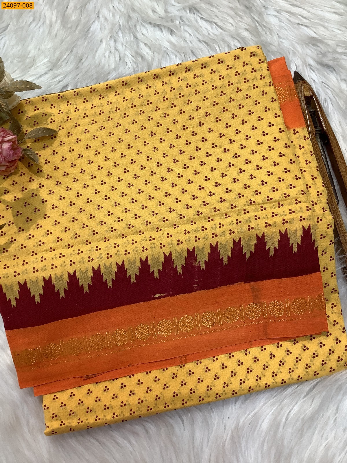 Yellow Sungudi Cotton printed saree