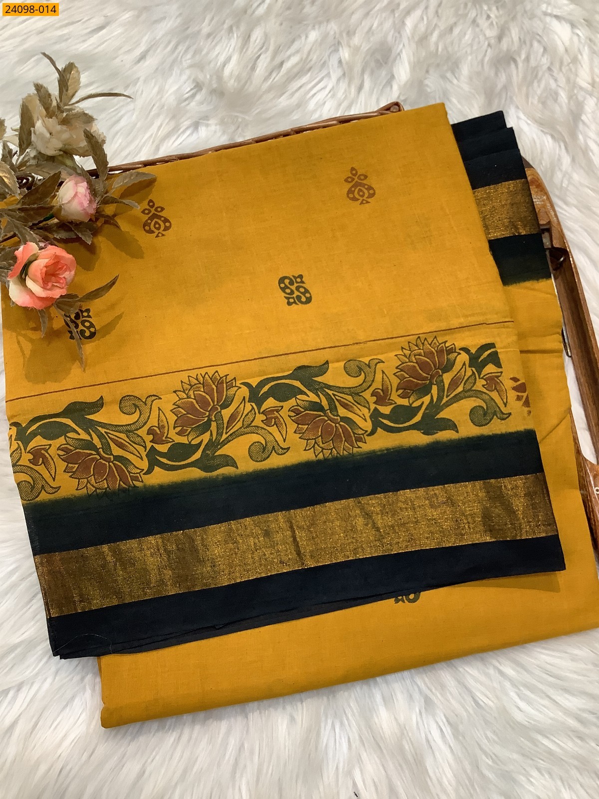 Yellow Sungudi Cotton printed saree