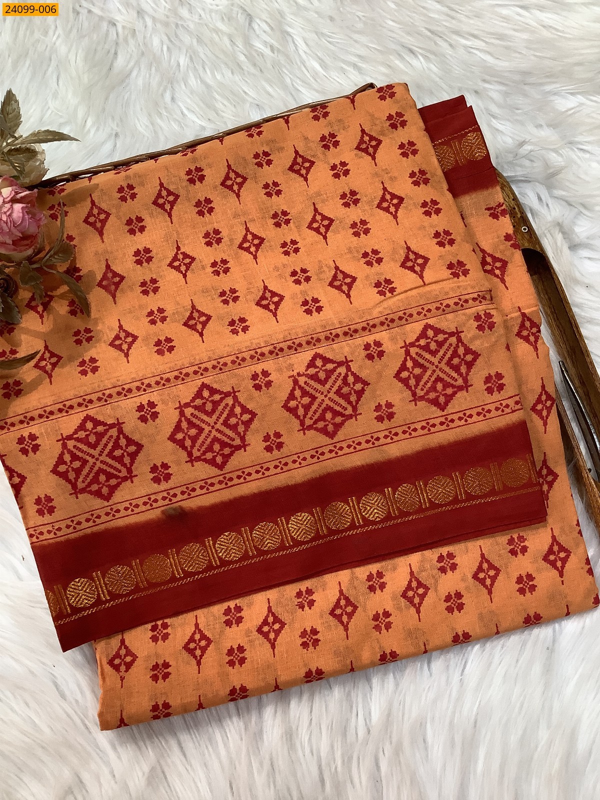 Orange Sungudi Cotton printed saree