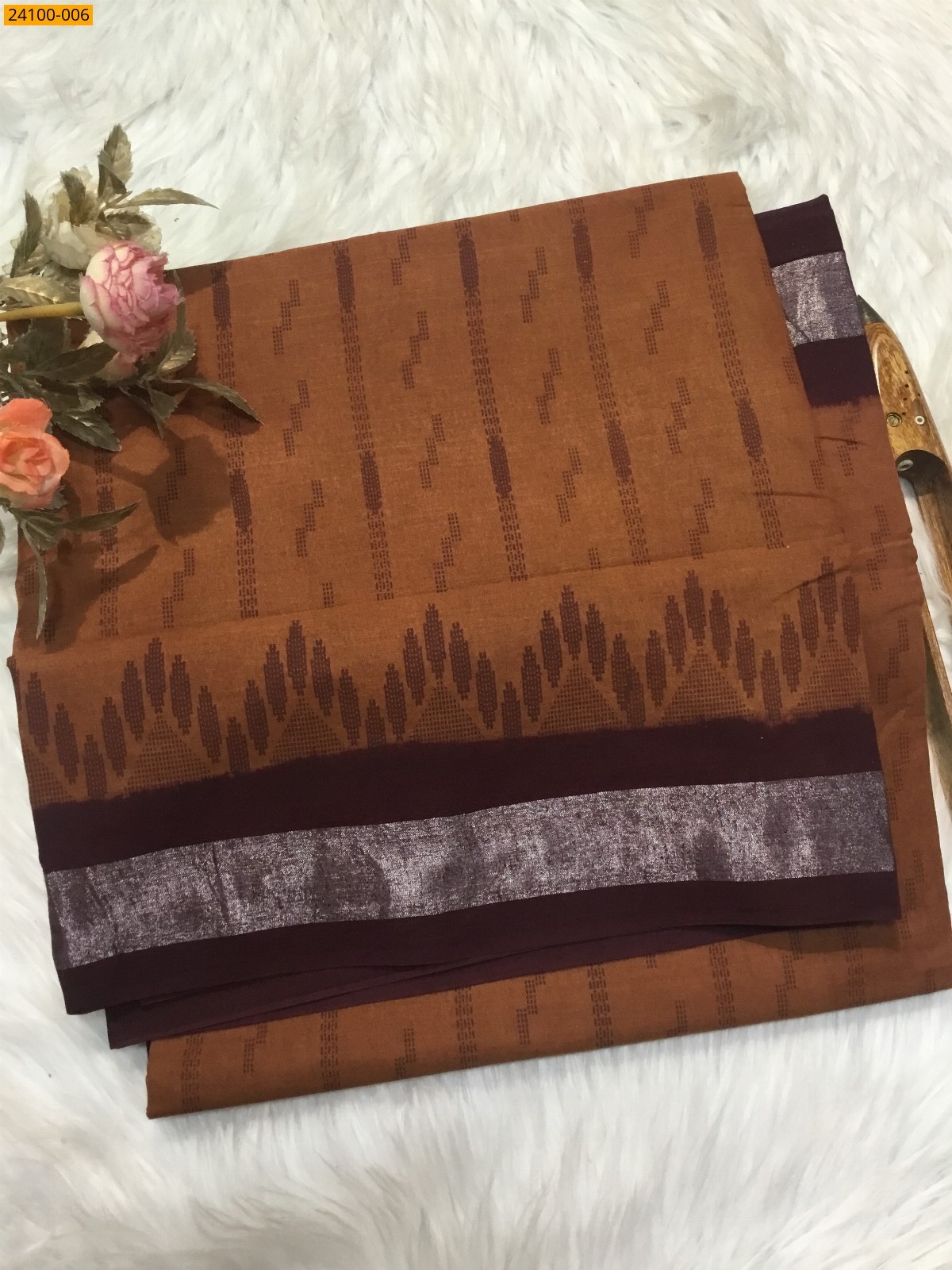 Dark Brown Sungudi Cotton Printed Saree