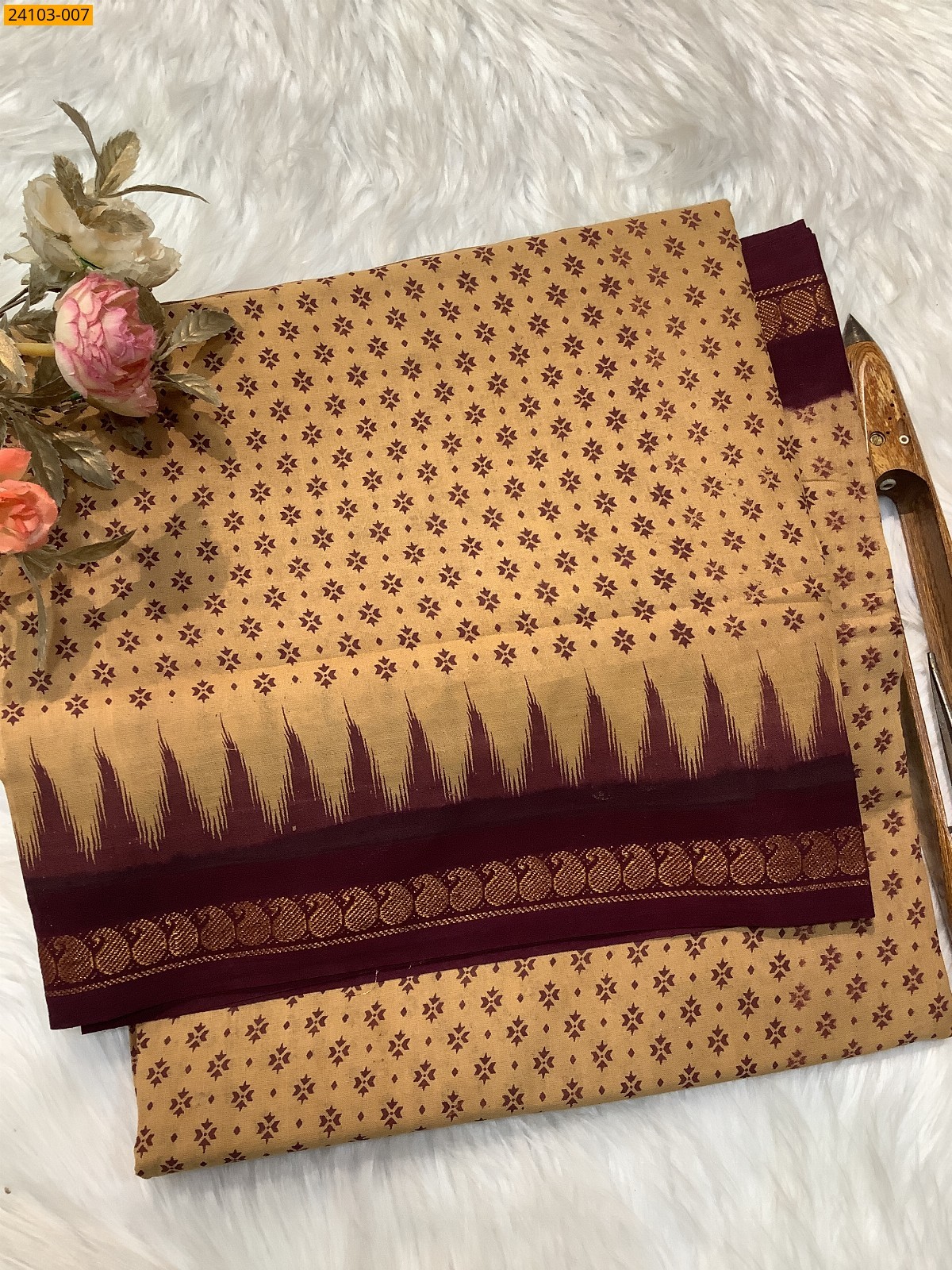 Light Brown Sungudi Cotton Printed Saree