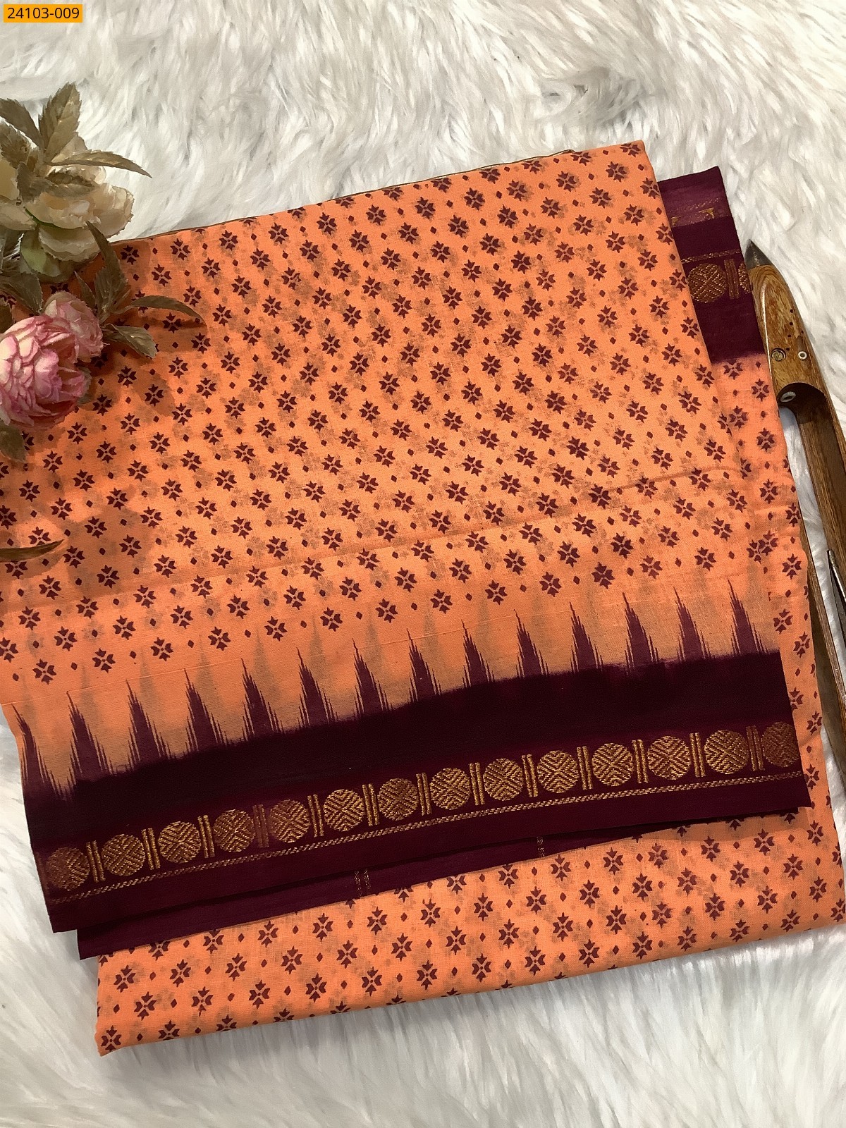 Orange Sungudi Cotton Printed Saree