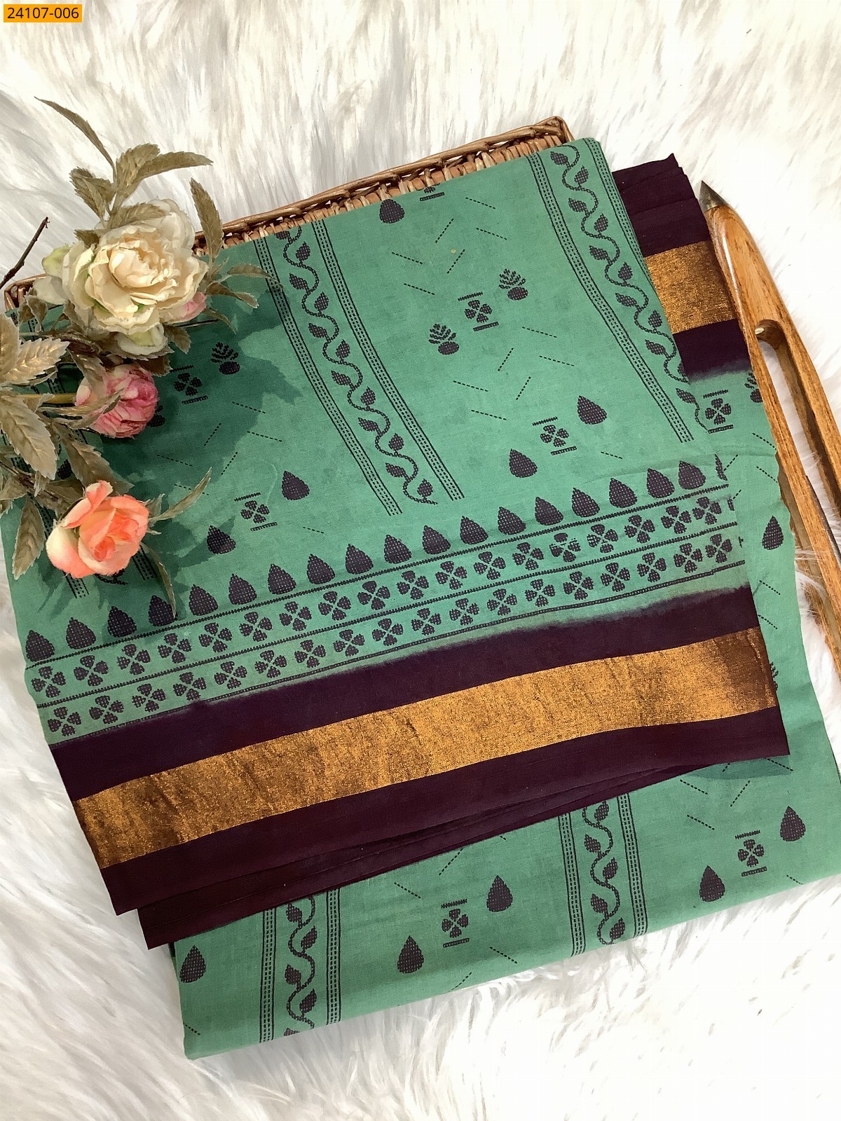 Green Cotton printed sarees