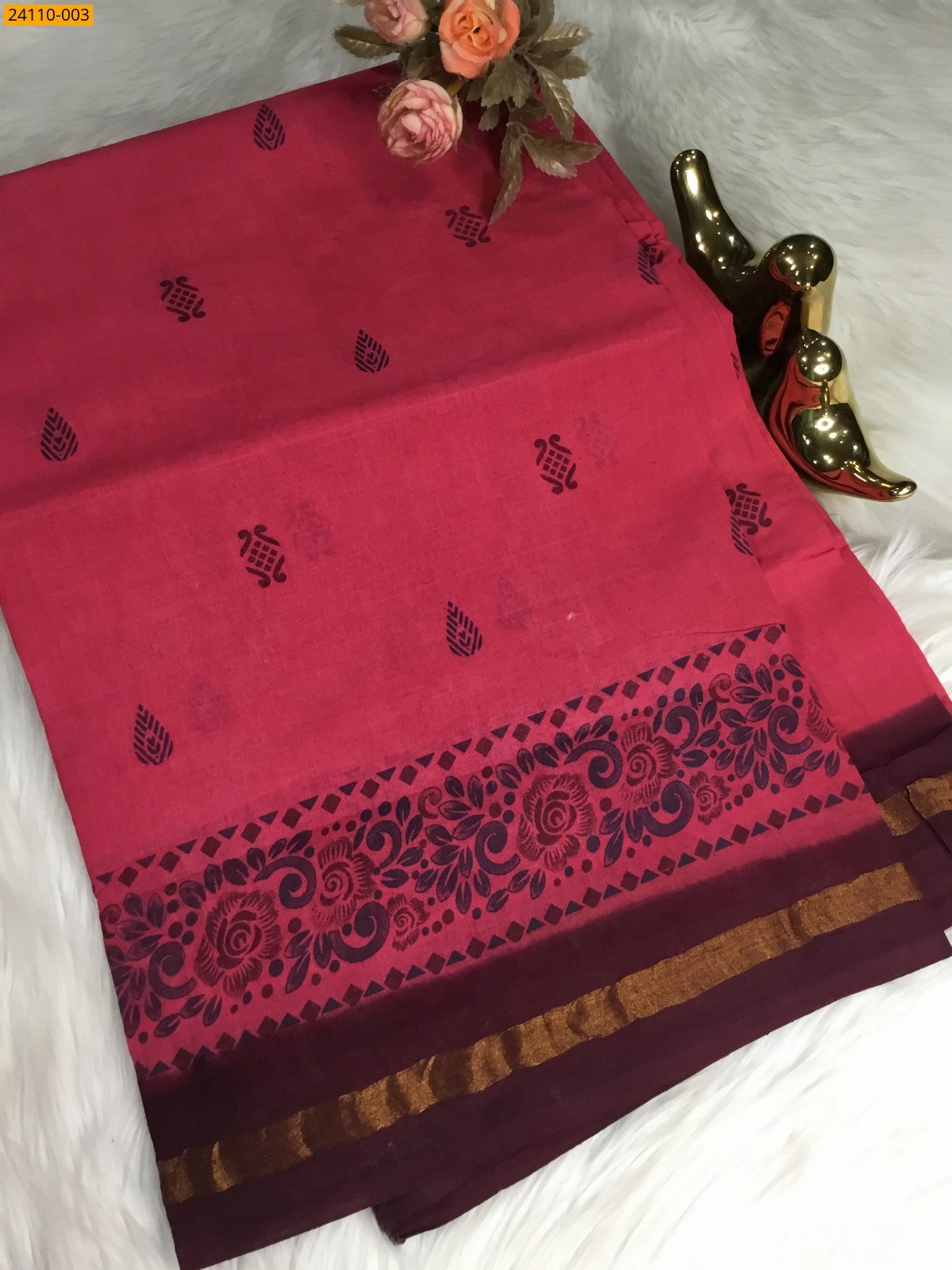 Dark Pink Sungudi cotton printed saree