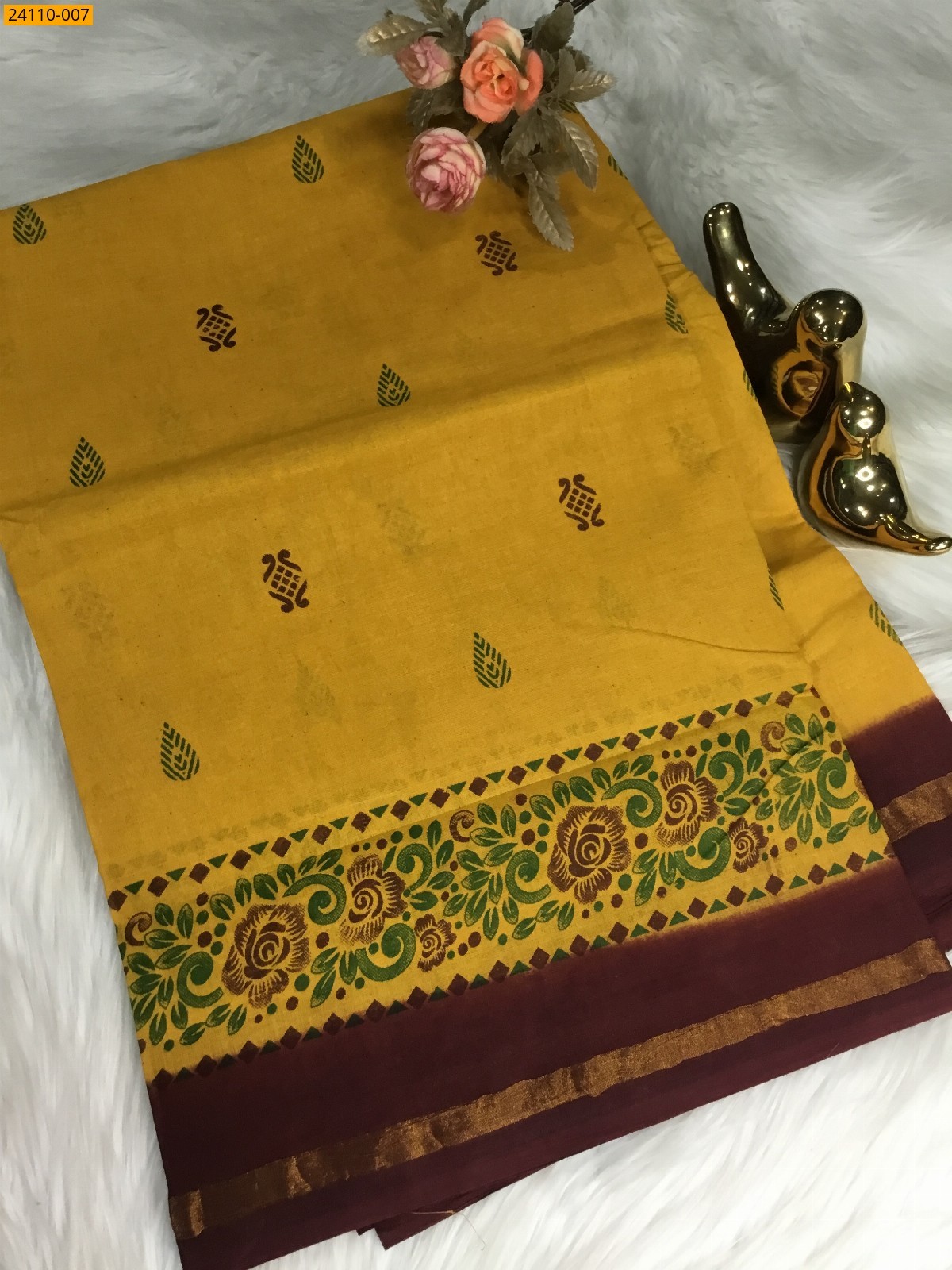 Yellow Sungudi cotton printed saree
