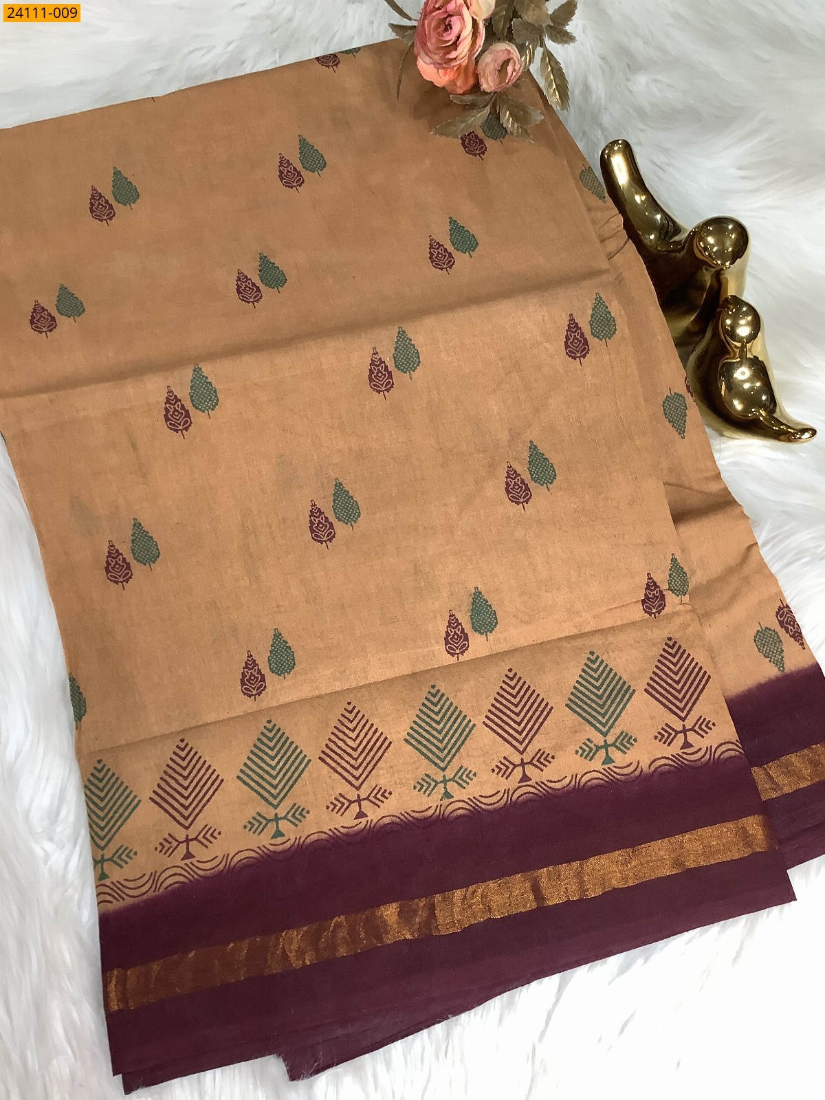 Brown Sungudi Cotton Printed Saree