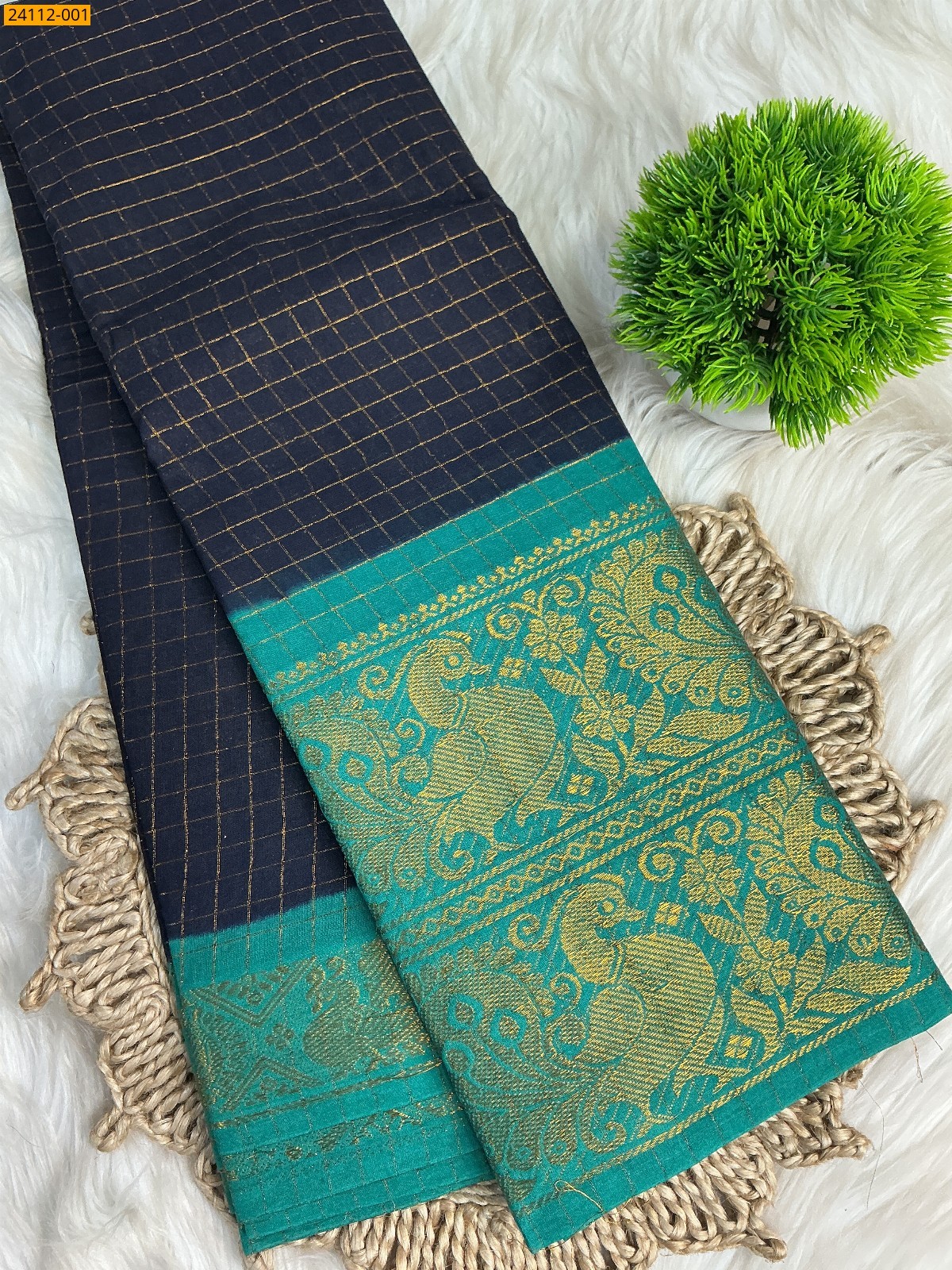Navy Blue Sungudi Cotton zari kattam Sarees
