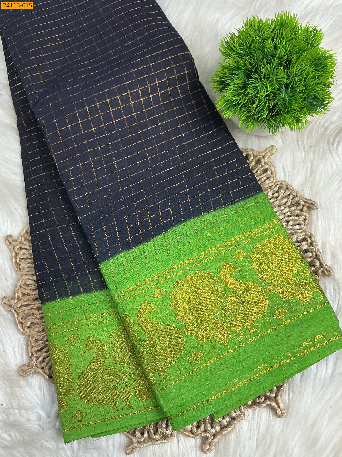 Navy Blue Sungudi Cotton Zari kattam Sarees
