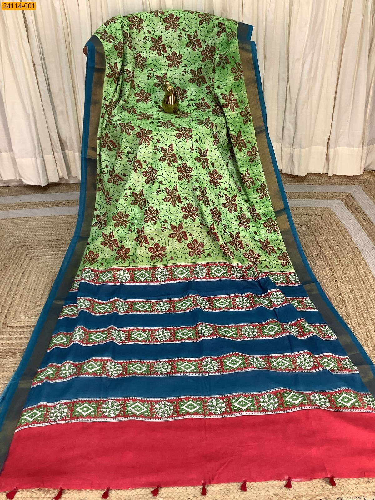 Green Hand Block Printed Cotton Saree