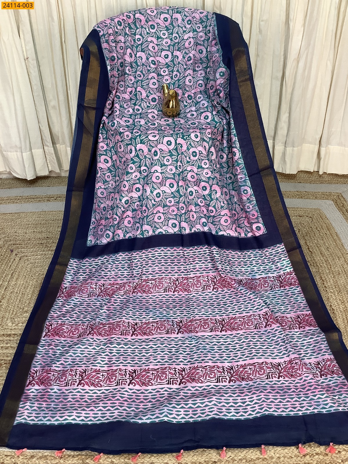 Hand Block Printed Cotton Saree - Multi Color