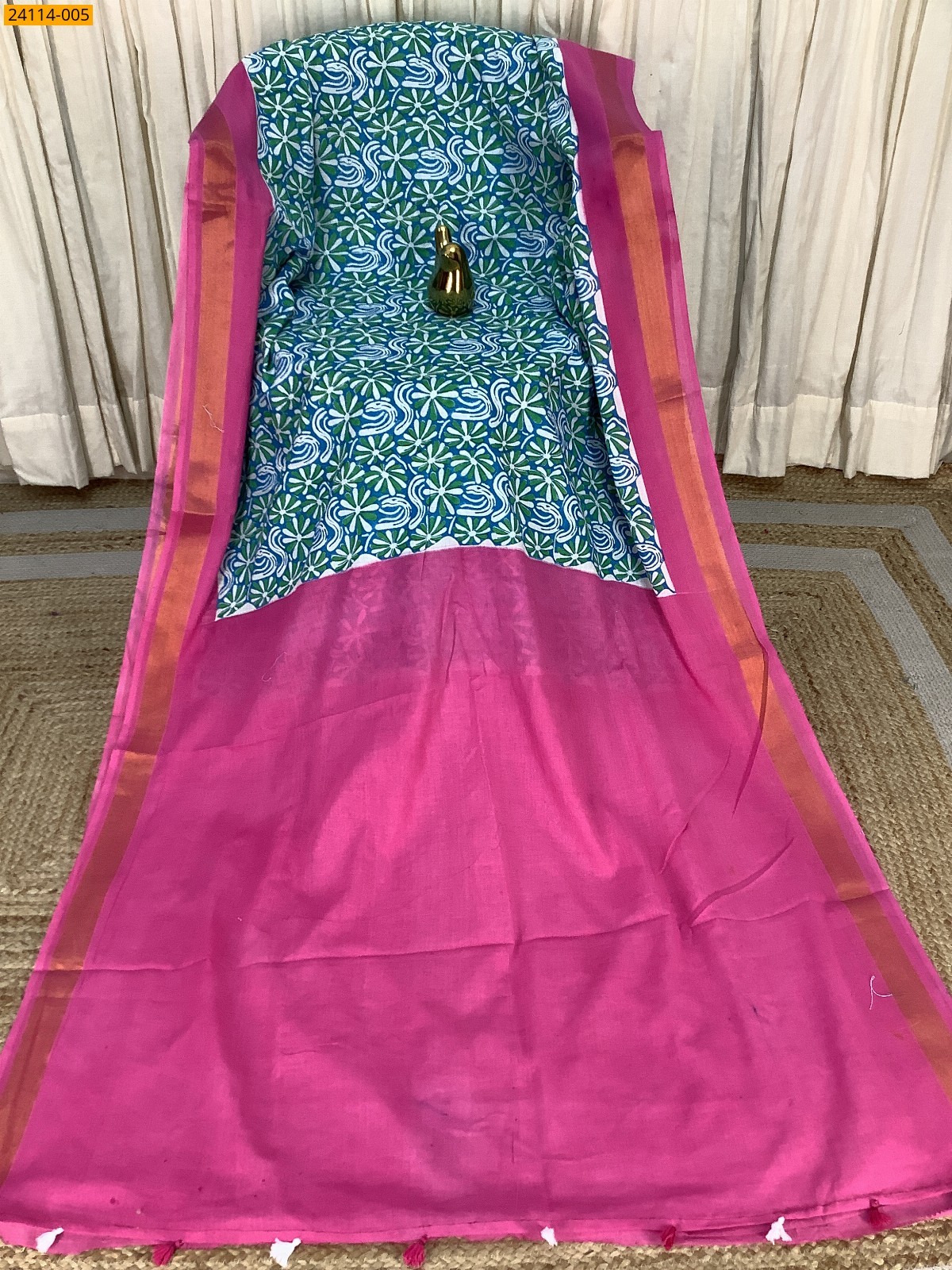 Blue Hand Block Printed Cotton Saree