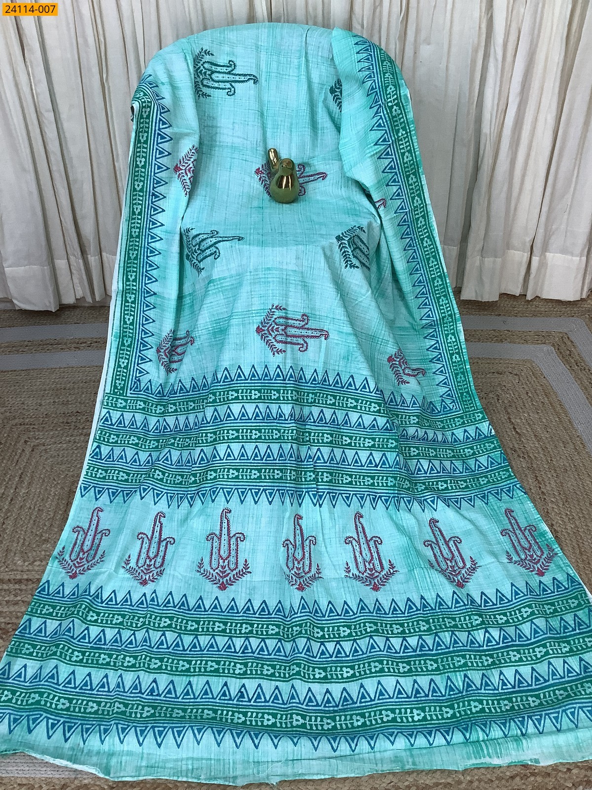 Rama Green Hand Block Printed Cotton Saree