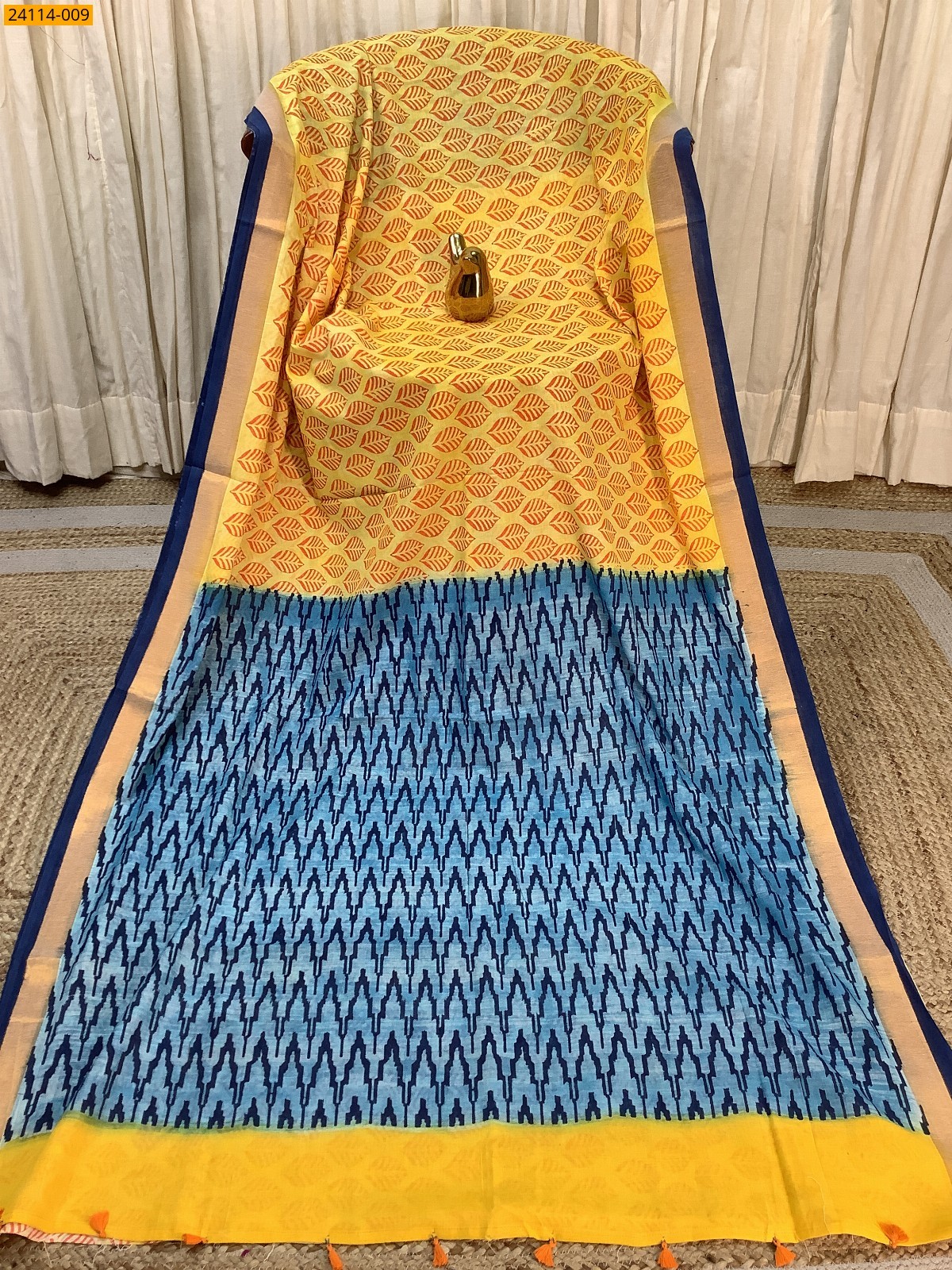 Yellow Hand Block Printed Cotton Saree