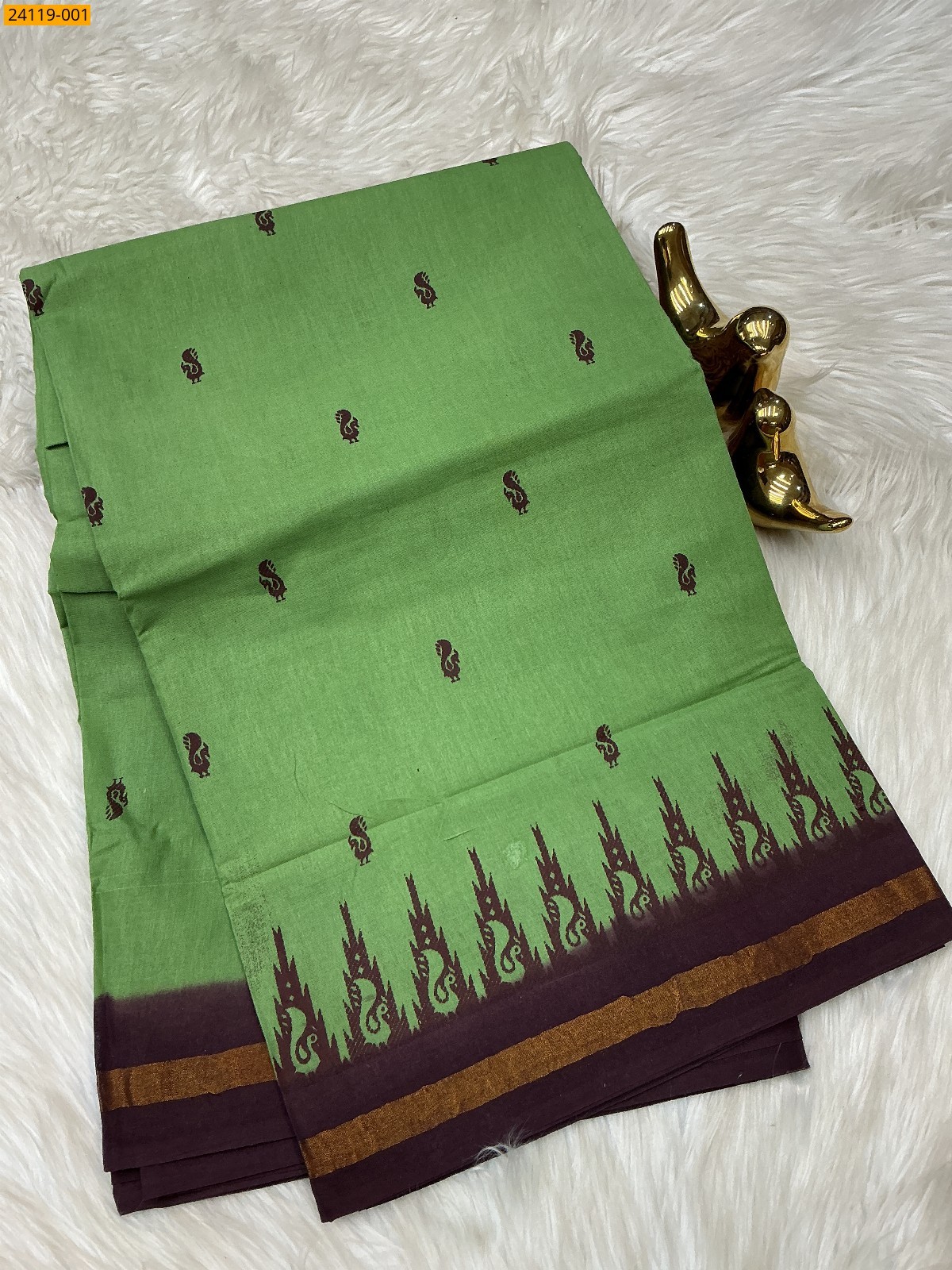 Olive  Green Sungudi Cotton Printed Saree