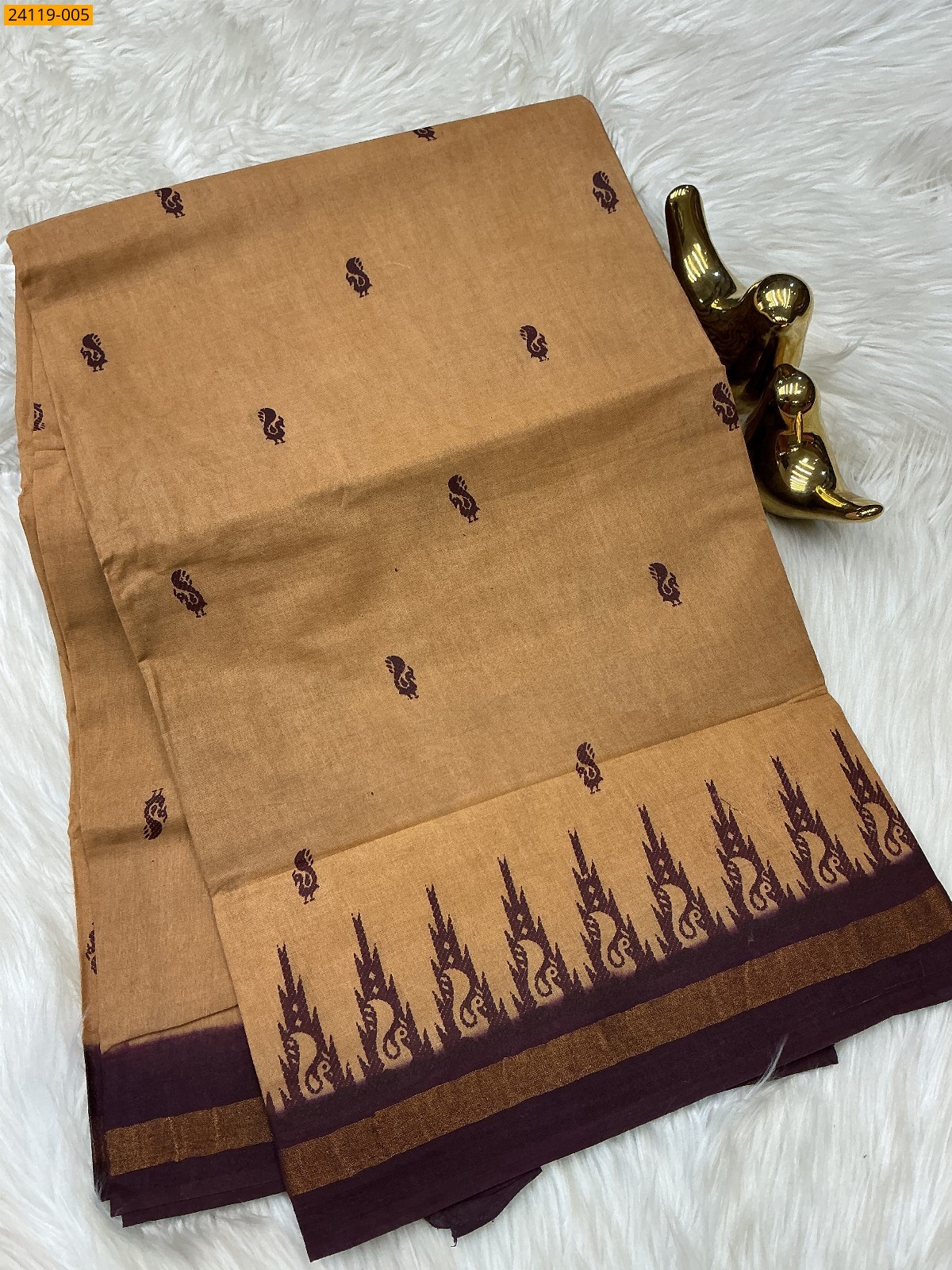 Sungudi Cotton Printed Saree - Brown