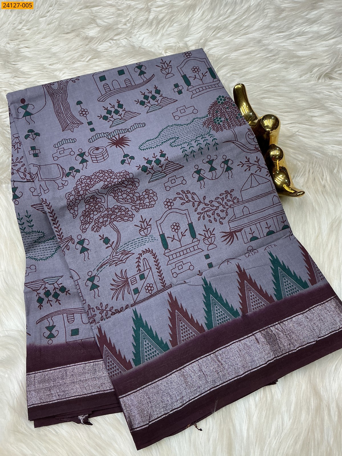 Grey Sungudi Cotton Printed Saree