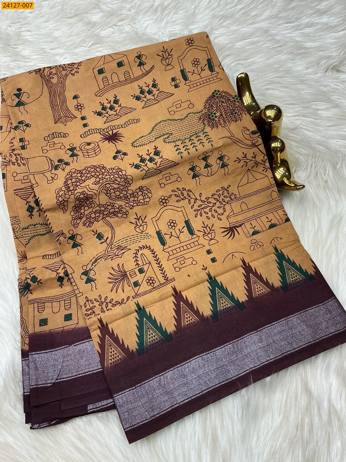 Brown Sungudi Cotton Printed Saree