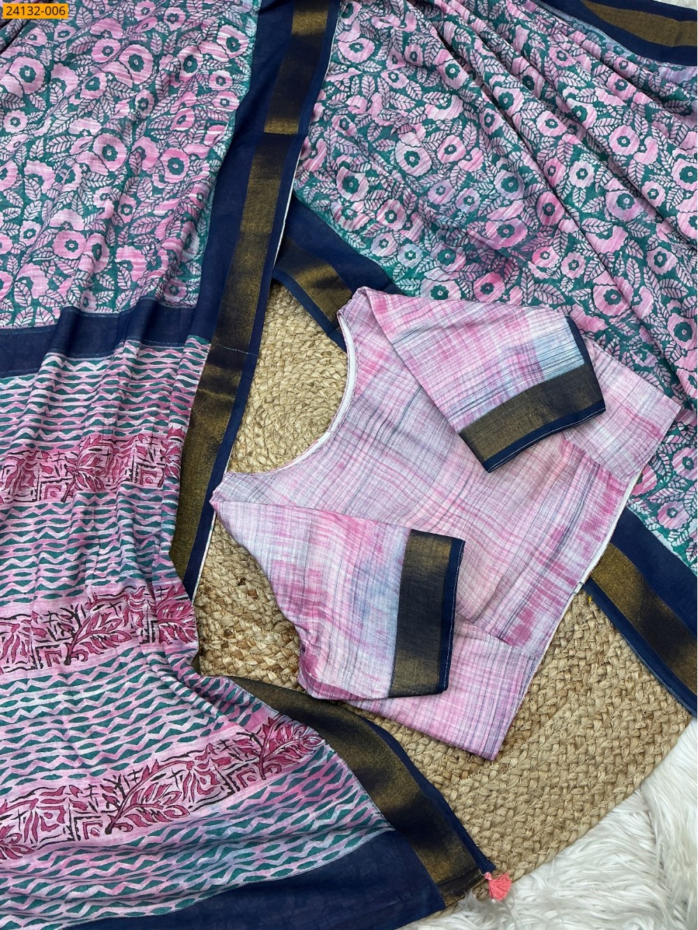 Multi Color Hand Block Printed Cotton Saree Multi Color Hand Block Printed Cotton Saree
