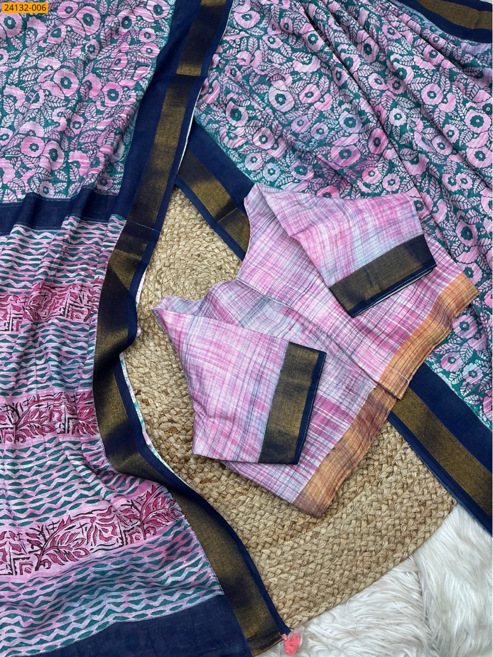 Multi Color Hand Block Printed Cotton Saree Multi Color Hand Block Printed Cotton Saree