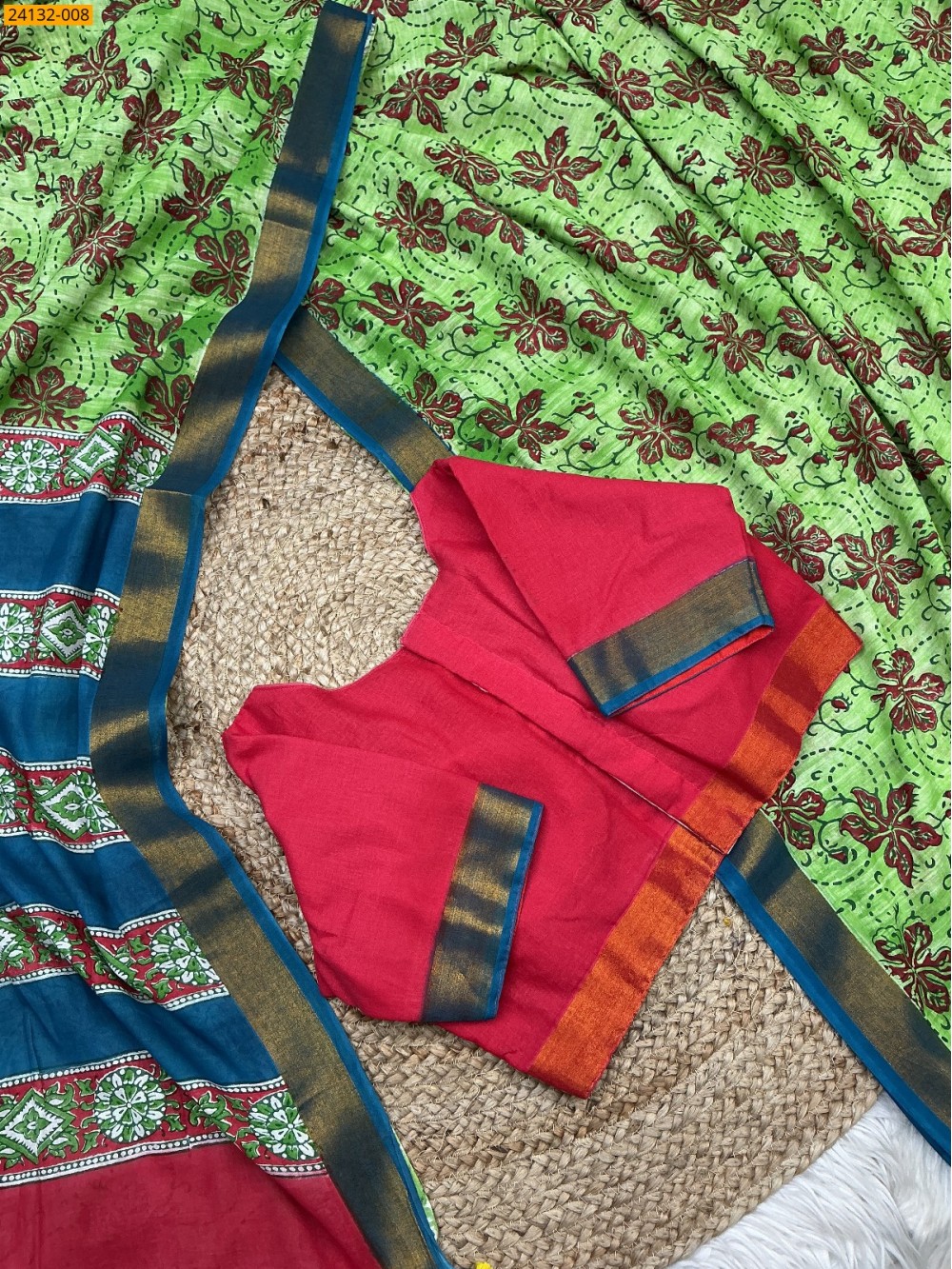 Green Hand Block Printed Cotton Saree Green Hand Block Printed Cotton Saree