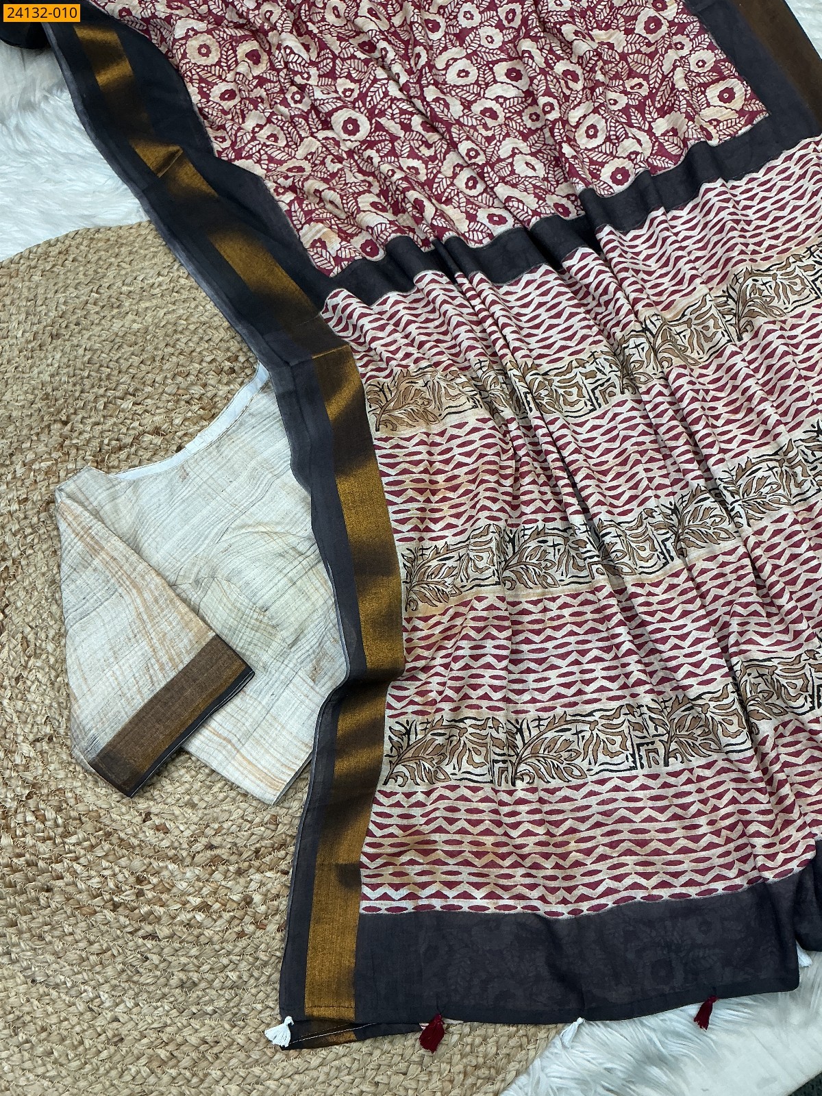 Sandal Hand Block Printed Cotton Saree