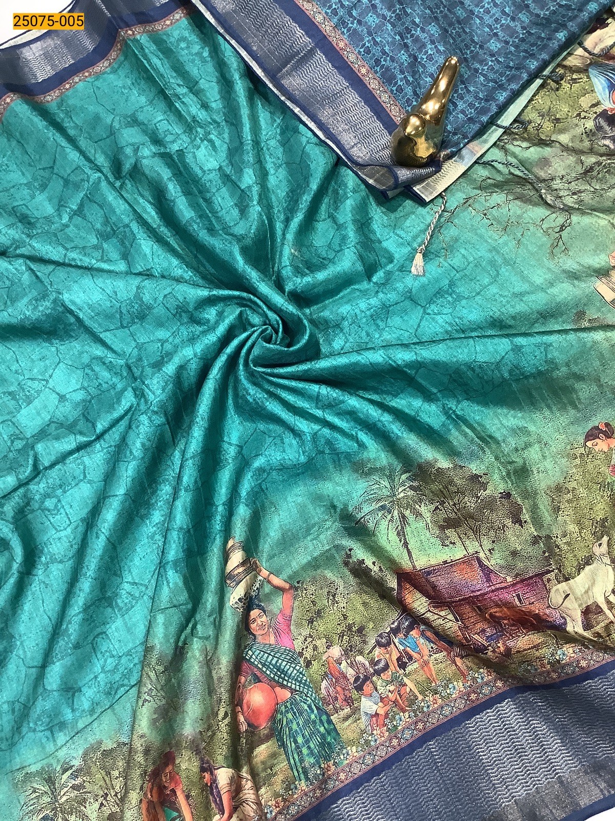 Green Chanderi fancy silk digital printed sarees