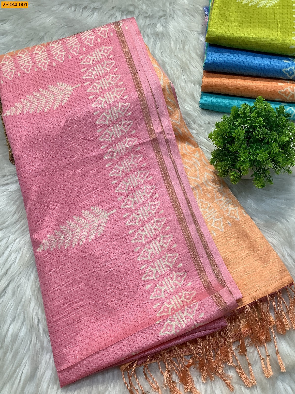 Pink With Orange Fancy soft linen silk sarees