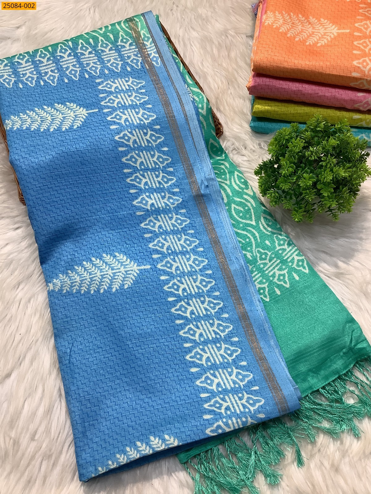Blue With Green Fancy soft linen silk sarees