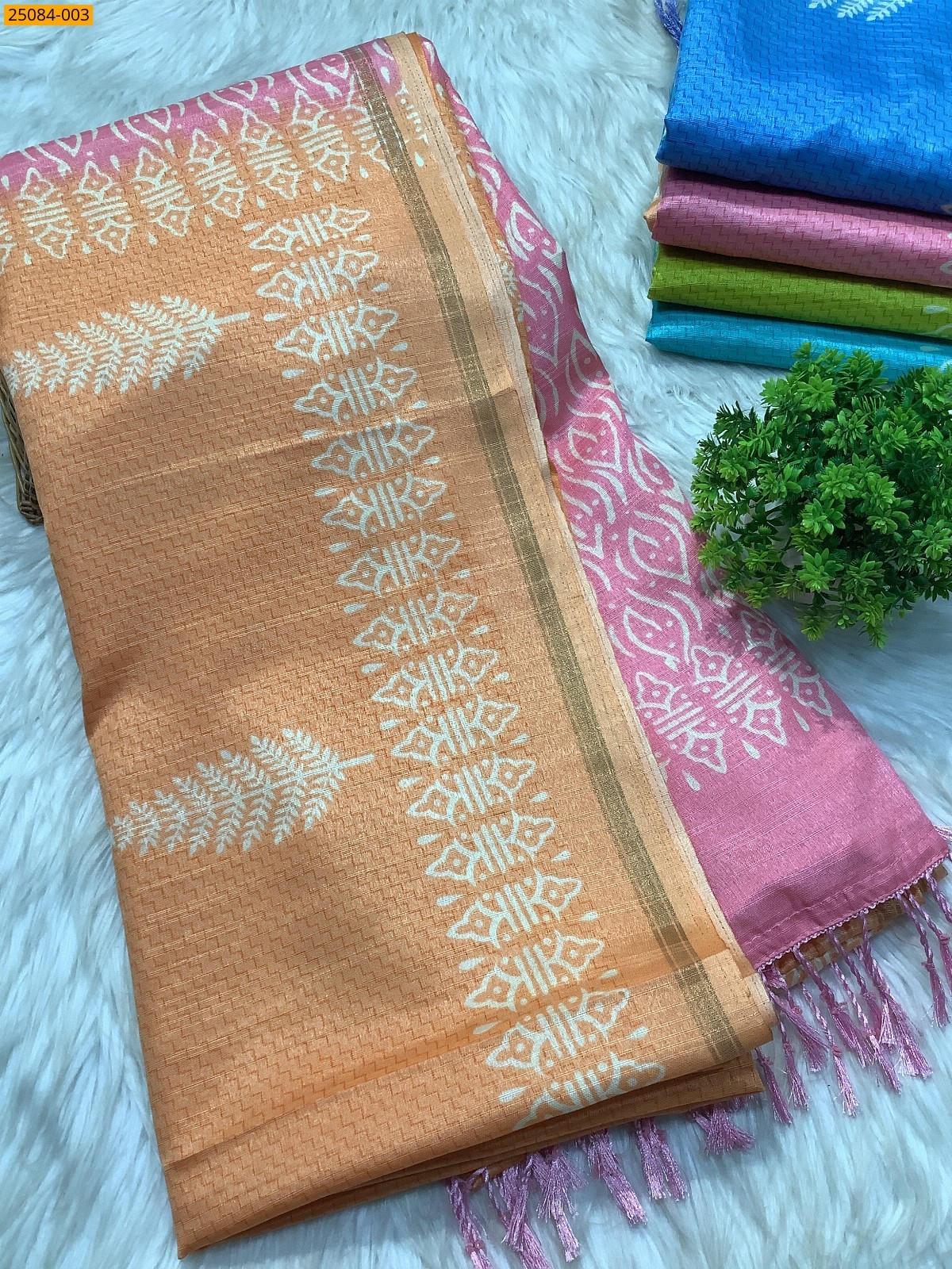 Orange With Pink Fancy soft linen silk sarees