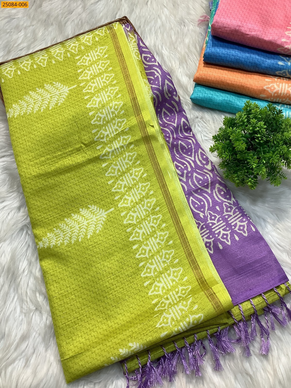 Lime Yellow With Lavendar Fancy soft linen silk sarees
