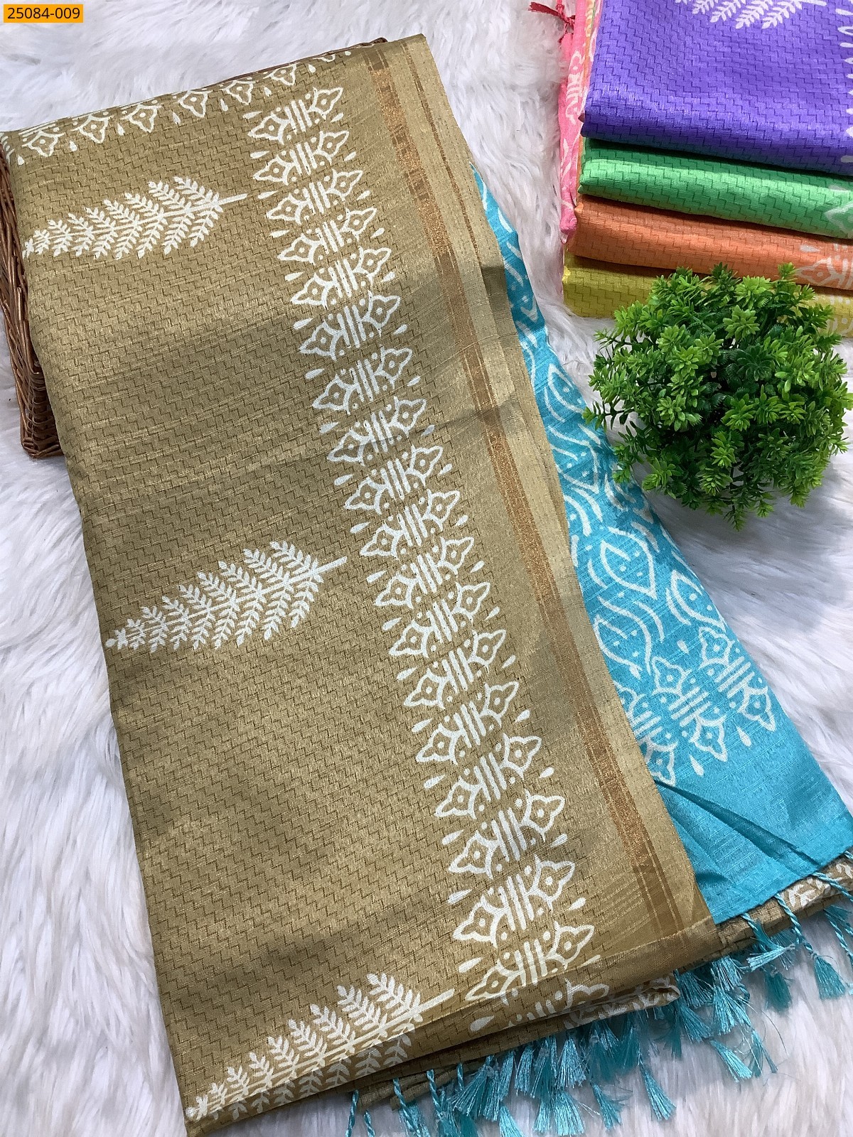 Brown With Blue Fancy soft linen silk sarees