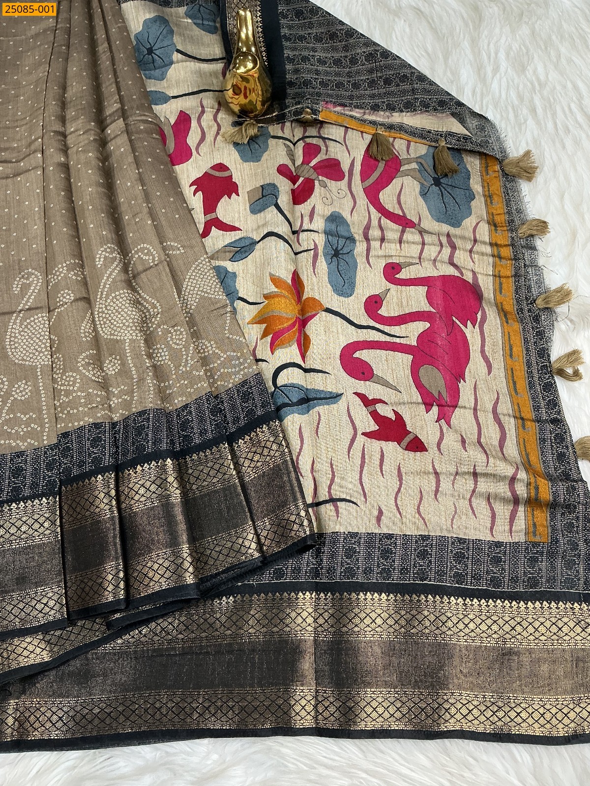 Brown Fancy dotts mulmul silk Saree